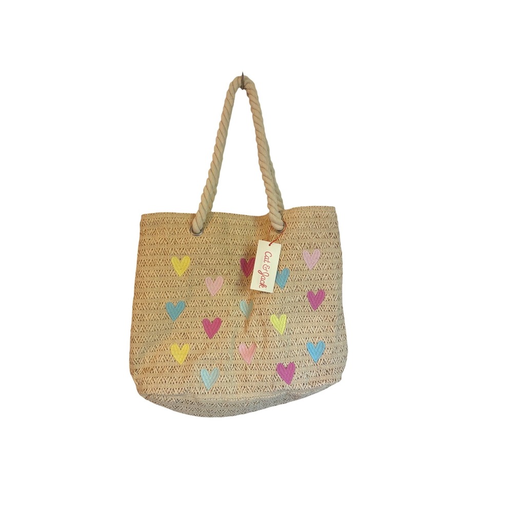 Cat & Jack Straw‎ Tote Bag Heart Embroidery Rope Handle DO NOT BUY